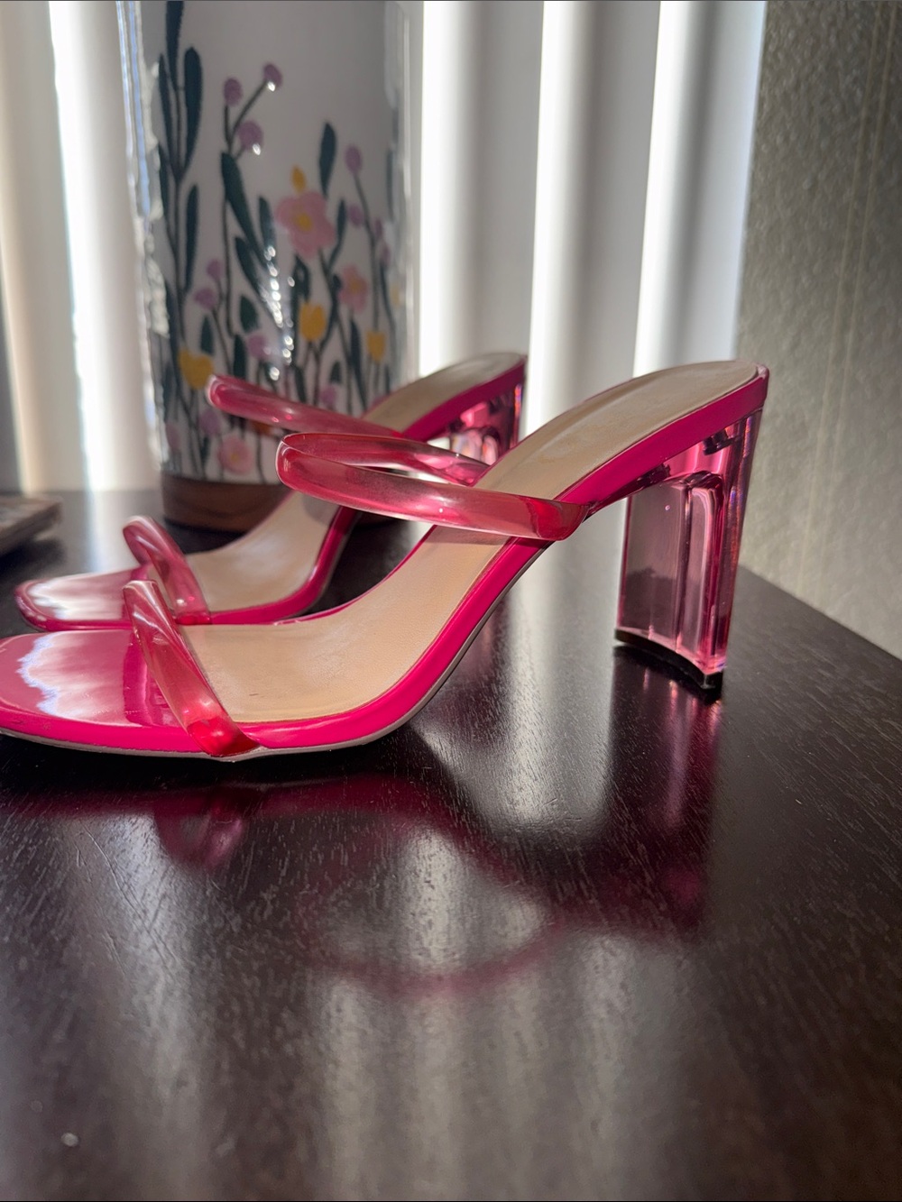 XOXO Hot Pink Patent Double Strap Square Toe Heels